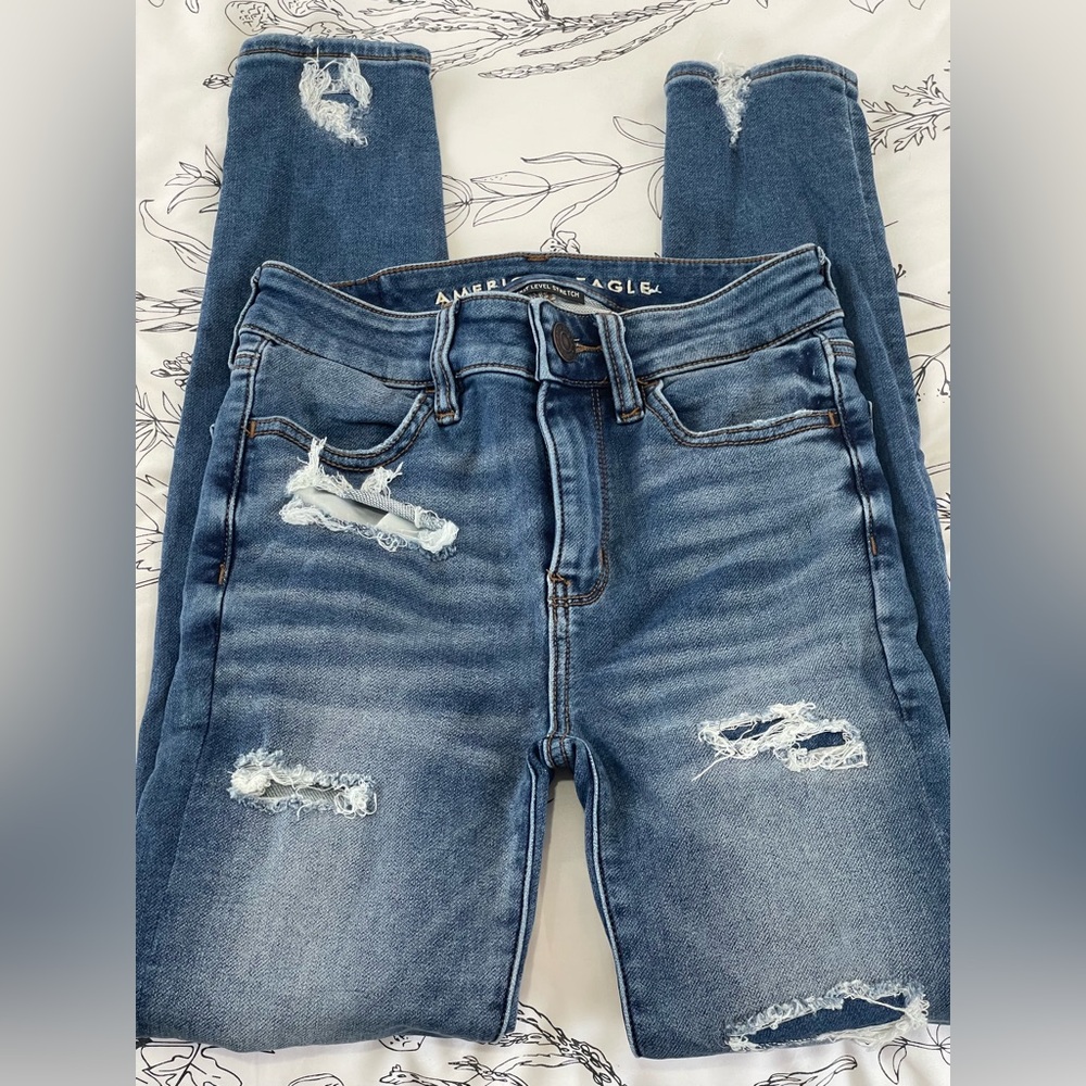 American Eagle 00 Next Level Stretch Blue Distressed High Rise Jeggings 315